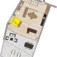 Möblierter Grundriss einer Wohnung mit Schlafzimmer, Bad, offener Wohnküche und großer Terrasse mit Sitz- und Essbereich.