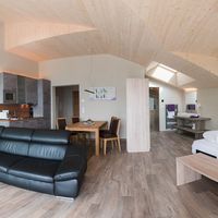 Helles, offenes Apartment mit schräger Holzdecke, schwarzem Sofa, Küchenzeile, Esstisch und Doppelbett.