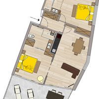 Draufsicht auf einen Wohnungsgrundriss mit zwei Schlafzimmern, Bad, offener Küche, Ess- und Wohnbereich sowie möblierter Terrasse.