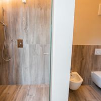 Modernes Badezimmer mit ebenerdiger Dusche, Glaswand, Bidet und wandhängendem WC.