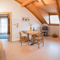Helles Dachgeschosszimmer mit Holzbalkendecke, Sofa, Esstisch, Fernseher und Küchenzeile.