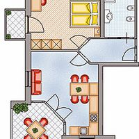 Möblierter Wohnungsgrundriss mit Schlafzimmer, Bad, Wohnbereich, Esstisch und Küchenzeile.