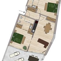 Draufsicht auf einen Wohnungsgrundriss mit zwei Schlafzimmern, zwei Bädern, offener Küche und Wohn- und Essbereich sowie einer großen Terrasse mit Liegen und Tisch.