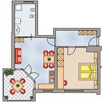 Möblierter Wohnungsgrundriss mit Bad oben links, Wohn- und Essbereich links sowie Schlafzimmer rechts.
