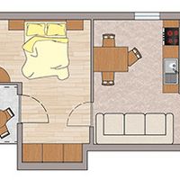 Grundriss einer kleinen Wohnung mit Schlafzimmer, Wohnbereich mit Sofa und Esstisch, Küchenzeile, blau gefliestem Bad und Balkon mit Sitzmöbeln.