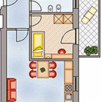 Grundriss einer kleinen Wohnung mit Schlafzimmer, Bad, Wohnküche und möblierter Terrasse.
