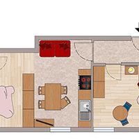 Draufsicht auf einen möblierten Wohnungsgrundriss mit Schlafzimmer, Küche, Bad und kleinem Balkon.