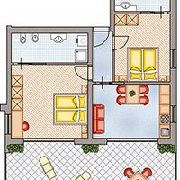 Grundriss einer kleinen Wohnung mit zwei Schlafräumen, Bad, Wohnküche und möblierter Terrasse mit Pflanzen.