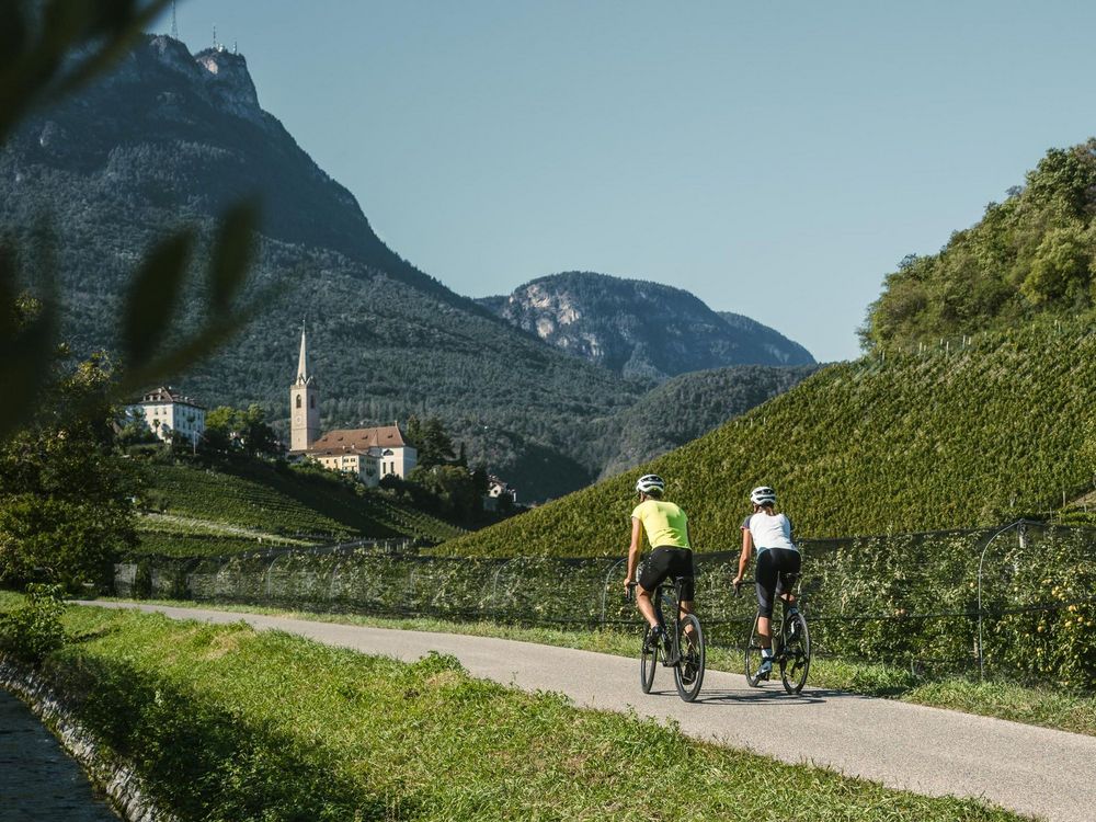Zwei Radfahrer fahren auf einem Weg durch Weinberge; dahinter liegen ein Dorf mit Kirchturm und bewaldete Berge.