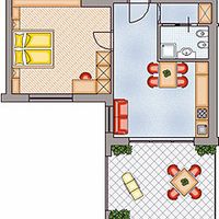 Möblierter Grundriss mit Schlafzimmer links, Bad und Küchenzeile rechts sowie einem möblierten Außenbereich unten.