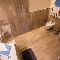 Modernes Badezimmer mit bodengleicher Dusche hinter einer Glaswand, Waschbecken, Bidet und wandhängendem WC; Boden und Wände sind holzfarben gefliest.
