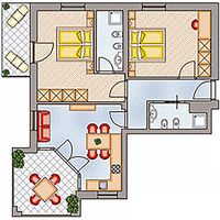Grundriss einer Wohnung mit zwei Schlafzimmern, Badezimmern, Wohn- und Essbereich, Küche sowie zwei möblierten Außenbereichen.