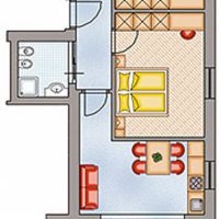 Grundriss einer Wohnung mit zwei Schlafzimmern, Bad, Küche, Wohnbereich und begrünter Terrasse.