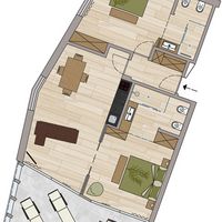 Draufsicht auf einen möblierten Wohnungsgrundriss mit zwei Schlafzimmern, Wohn- und Essbereich, Küche, Bad und Terrasse.