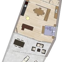 Draufsicht auf einen Grundriss mit Wohnküche, Essbereich, Sofa, Schlafzimmer, Bad und großer möblierter Terrasse.