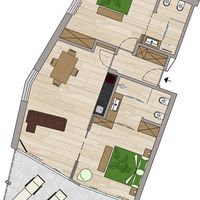 Draufsicht auf einen Wohnungsgrundriss mit zwei Schlafzimmern, Wohnbereich, Küche, Bädern und großer Terrasse.