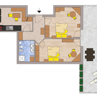 Grundriss einer kleinen Wohnung mit Küche, Bad, zwei Schlafbereichen und einer Außenterrasse mit Sitzmöbeln.