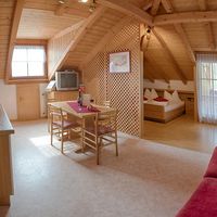 Heller Dachgeschossraum mit Holzdecke, Küchenzeile, Esstisch, Bett und rotem Sofa.