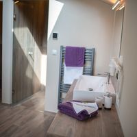 Modernes Badezimmer mit Waschbecken, Handtüchern auf einem Heizkörper und einer Toilette hinter einer Glastür.