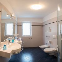 Helles modernes Badezimmer mit Doppelwaschbecken, zwei Fenstern, Wand-WC, Bidet und verglaster Dusche.