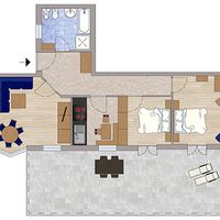 Möblierter Wohnungsgrundriss mit Bad, Wohn- und Essbereich, Schlafzimmer und großer Terrasse.