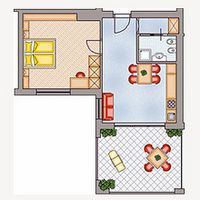 Farbiger Grundriss einer kleinen Wohnung mit Schlafzimmer links, Bad und Küchenbereich oben sowie Wohn- und Essbereich unten.